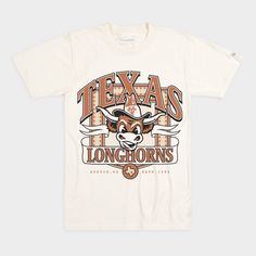 This retro Longhorn mark dates back to the mid-twentieth century, but it bears resemblance to Texas' costumed mascot, Hook ‘Em, who debuted in 1976. Hook ‘Em came to life when the school realized it’s not easy to bring the live version of Bevo everywhere the Longhorns go. We added some classic, throwback elements to th Longhorn Skull Shirts, Vintage College T-shirt With Lettering, Vintage T-shirt With Lettering For College, Vintage White T-shirt For Fan Gear, Vintage Lettering T-shirt For College, Vintage Team Logo T-shirt For Fans, Vintage Team Logo T-shirt For Streetwear, Vintage Streetwear T-shirt With Team Logo, Vintage College Shirts