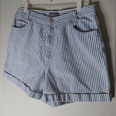 Vintage Cenza Palmettos Striped Denim Shorts. About 35 Inch Waist. Flat Measurements Included. Blue And White Stripes. Cuffed Hem. 5 Pocket Design. No Holes Or Stains. 100% Cotton. Attention: Vintage/Thrifted Items Can Have Loose Threads, Faded Colors, Discoloration, Pilling, And/Or Mild Odors. Major Defects Will Be Listed. Some Specialty Fabrics, Nwt Items, Or Bulkier Items May Not Be Washed. Ask All Questions Related To Color, Size, Or Condition Prior To Purchase. All Sales Final. Thrift Inspo, Thrifted Items, Faded Colors, Striped Denim, High Rise Denim Shorts, American Eagle Shorts, Jeans For Short Women, Levi Jeans 501, Mom Shorts