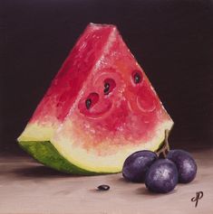 a painting of watermelon and plums on a table