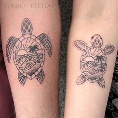 two people with matching tattoos on their arms, one has a turtle and the other has a bird