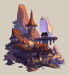 an animated image of a castle with two owls on it's roof and mountains in the background