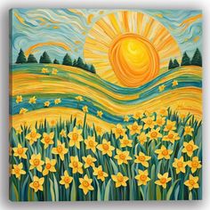 an acrylic painting of yellow daffodils in a field with the sun setting