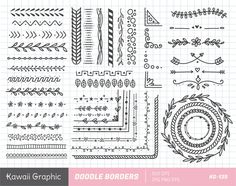 a set of hand drawn doodles with different shapes and sizes on white background, including arrows