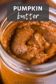 pumpkin butter in a glass jar with text overlay