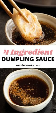 four ingredient dumpling sauce in white bowls with chopsticks sticking out of them