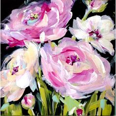 an oil painting of pink flowers on a black background