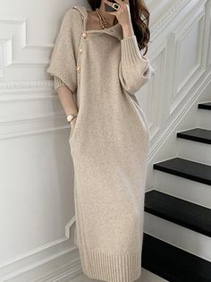 Plain Midi Dress, Loose Outfit, Sweater Dress Women, Turtle Neck Dress, Knit Sweater Dress, Long Sleeve Midi, Long Sleeve Midi Dress, Types Of Dresses, Chic Dress