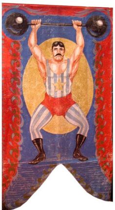 a painting of a man lifting a barbell