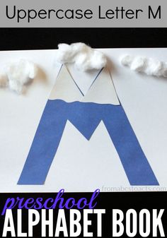 the uppercase letter m is for preschool alphabet book with clouds in the sky above it