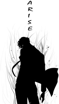 the silhouette of a man with an umbrella in his hand and words written above him