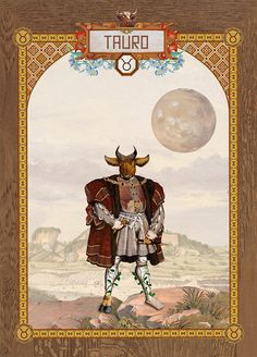 a painting of a man dressed as a bull in front of a sign that says tauro