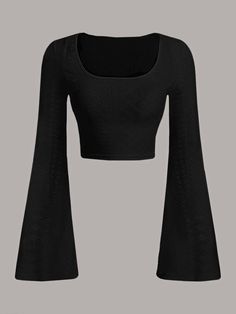 Preto Casual Collar Manga Comprida Tecido de malha Simples  Embellished Elasticidade Baixa  Tops, blusas & camisetas para Mulheres Crop T Shirt, Long Sleeve Tops Casual, Flounce Sleeve, Mode Inspo, Casual Style Outfits, Style Outfits, Gotham