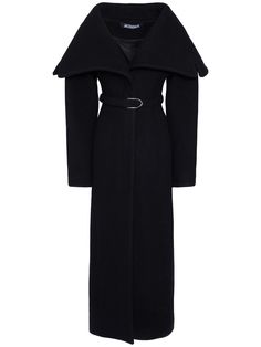 Concealed closure. Includes matching adjustable buckle belt. Center back vent. Two side pockets. Model is wearing a size34 Long Coat Aesthetic, Solstice Wedding, Long Cape Coat, Long Black Sweater, Classy Coat, Wool Long Coat, Long Winter Jacket, Dressy Hats, Church Clothes