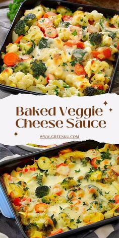 two pans filled with baked veggie cheese sauce on top of a table