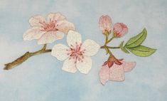 a painting of pink flowers on a blue background