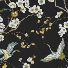 a black background with white and yellow flowers and birds in flight on branches that appear to be blossoming