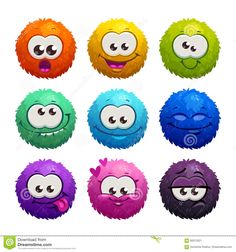 a set of cartoon colored monsters with different facial expressions, eyes and mouth shapes on white background