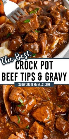 Close up of beef tips and gravy in a crock pot. Crockpot Beef Tips And Gravy, Crock Pot Stew Meat Recipes, Crockpot Beef Tips, Crock Pot Beef Tips, Beef Tip Recipes, Crock Pot Beef, Beef Tips And Gravy, Crockpot Stew