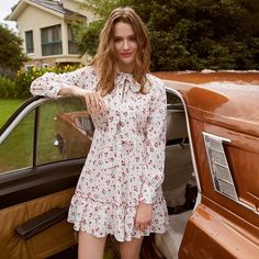 high neck long sleeve bow tie lace up print elegant ruffle vintage midi dress High Neck Long Sleeve, Long Sleeve Lace Dress, Pink Midi Dress, Long Sleeve Midi Dress