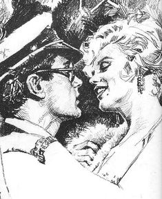 a black and white drawing of two people kissing