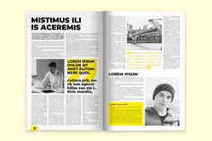 an open magazine with black and white photos on the front page, featuring yellow accents