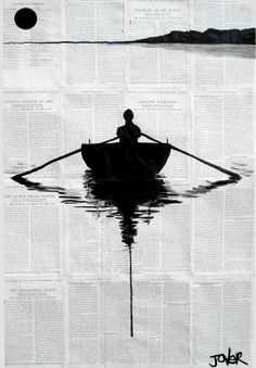 a person rowing a boat on top of water in front of a large newspaper page