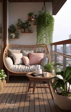 a balcony with potted plants and a wicker couch on the wooden flooring