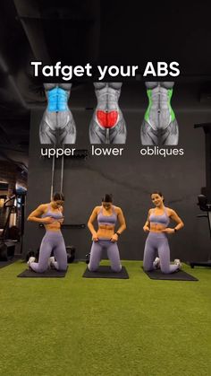 a group of women doing exercises on yoga mats with the words, target your abs upper lower