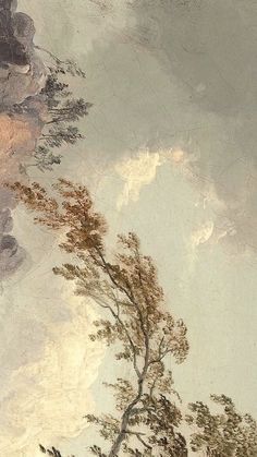 a painting with trees and clouds in the background