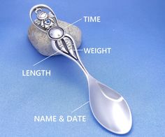 ❤️STERLING SILVER BABY SPOON ❤️ + YOUR ENGRAVING -perfect gift for a new born baby, Christening or baby shower gift for mom. ✅DETAILS: Crafted in STERLING SILVER 925 in our workshop in Gdansk (not silver plated) Hallmarked by the Polish Assay Office  ( L.~9 cms W. ~9 grams) The spoon is small and looks very cute :) ❤️ ✅PERSONALISED: The product has places for engraving: NAME, DATE ,TIME of the birth and lenght and child's weight. The product will also include a PLATE (silver lamina) with an ange Engraved Baby Gifts, Silver Baby Gifts, Baby Jewelry Gold, Gold Jewelry Prom, Silver Spoon, Nose Ring Jewelry, Gold Earrings Models, Fancy Jewelry Necklace, Baby Spoon