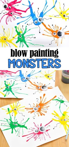 kids's handprinted art project with the words blow painting monsters