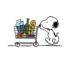 a cartoon snoopy pushing a shopping cart full of food and drinks in it's right hand