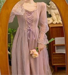 Misty Grace Romantic Vintage-Style Lace Fairy Princess Dress Fairy Princess Aesthetic Dress, Pinterest Dress Aesthetic, Pink And Purple Dress, Pinterest Wishlist, Purple Princess Dress, Tangled Dress, Embroidered Fairy, Lilac Dresses, Vintage Princess Dress