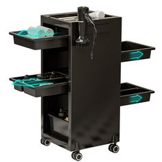 a black cart with three drawers and two lights on the top one is turned green