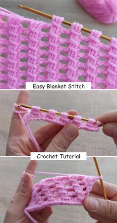 two pictures showing how to crochet the stitches on an object with yarn and knitting needles