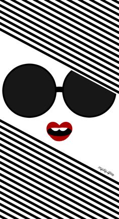 a woman's face with sunglasses and red lipstick on the lips in black and white stripes