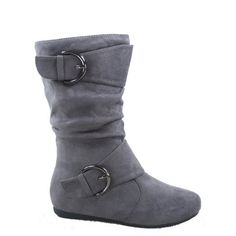 Round toe front Finished with cushioned insole, soft interior lining Finished with side zipper for easy on/off ~heel height: 0.25" (approx)~shaft length: 9.5" (including heels)~top opening circumference: 12" (approx) Size: 2.  Color: Gray.  Gender: female.  Age Group: kids. Grey Flats, Shoes Grey, Girls Shoes Kids, Flat Boots, Calf Boots, Mid Calf Boots, Toddler Shoes, Boots Shoes, Blue Shoes