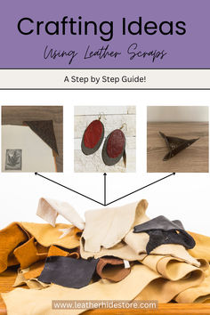 Crafting ideas using leather scraps - a step by step guide with pictures of a bookmark, earrings and a leather dish with a pile of leather scraps at the bottom - www.leatherhidestore.com Faux Leather Storage Ideas, Scrap Leather Projects Diy, Diy Leather Projects, Leather Diy Crafts, Leather Scraps, Leather Hide, Leather Furniture, Leather Pieces, Leather Projects