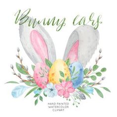 watercolor easter bunny ears with flowers and leaves