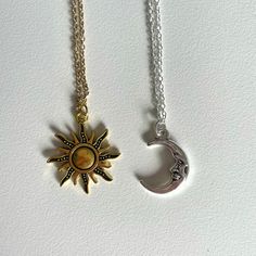 A set of two necklaces! One in gold with a sun charm and one in silver with a moon charm Sun And Moon Accessories, 90s Whimsigoth, Sun And Moon Necklace, Matching Jewellery, Two Necklaces, Sun Charm, Wedding Necklaces, Celestial Necklace, Gold Sun