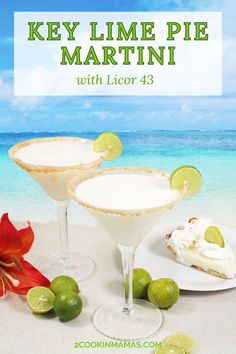 key lime pie martini with licor 43 on the beach in front of blue water