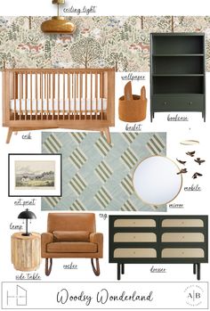 a baby's nursery room mood board with furniture and wallpaper, including a crib