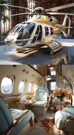 the inside and outside of a helicopter that looks like it has been built into an airplane