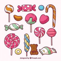 colorful lollipops and candy on white background