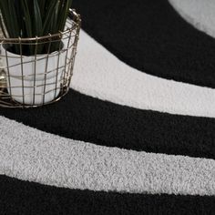 a potted plant sitting on top of a black and white striped rug next to a metal basket