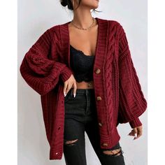 Cable Knit Button Front Oversized Cardigan Burgundy Color Plain Pattern Cable Knit Button Front Long, Bishop Sleeves V Neck Oversized Fabric Has Some Stretch 100% Acrylic Machine Wash Or Professional Dry Clean Shoulder 27.2in, Length 27.8in, Sleeves Length 19.4in, Bust 51.2in, Cuff 8.1in Lantern Sleeve Cardigan, Retro Fashion Women, Winter Vest, 90s Hairstyles, Stil Elegant, 90s Aesthetic, Red Cardigan, Cardigan Women