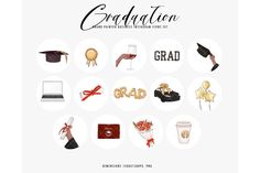 an image of graduation related items displayed on a white background with the words congratulations written in black