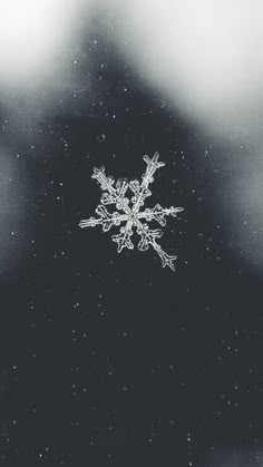 a snowflake is seen in the dark on a black and white background,