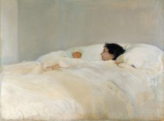 a painting of a man laying in bed with his head on the pillow and another person sleeping next to him