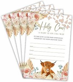 three baby shower cards with an image of a cow and flowers on the bottom one